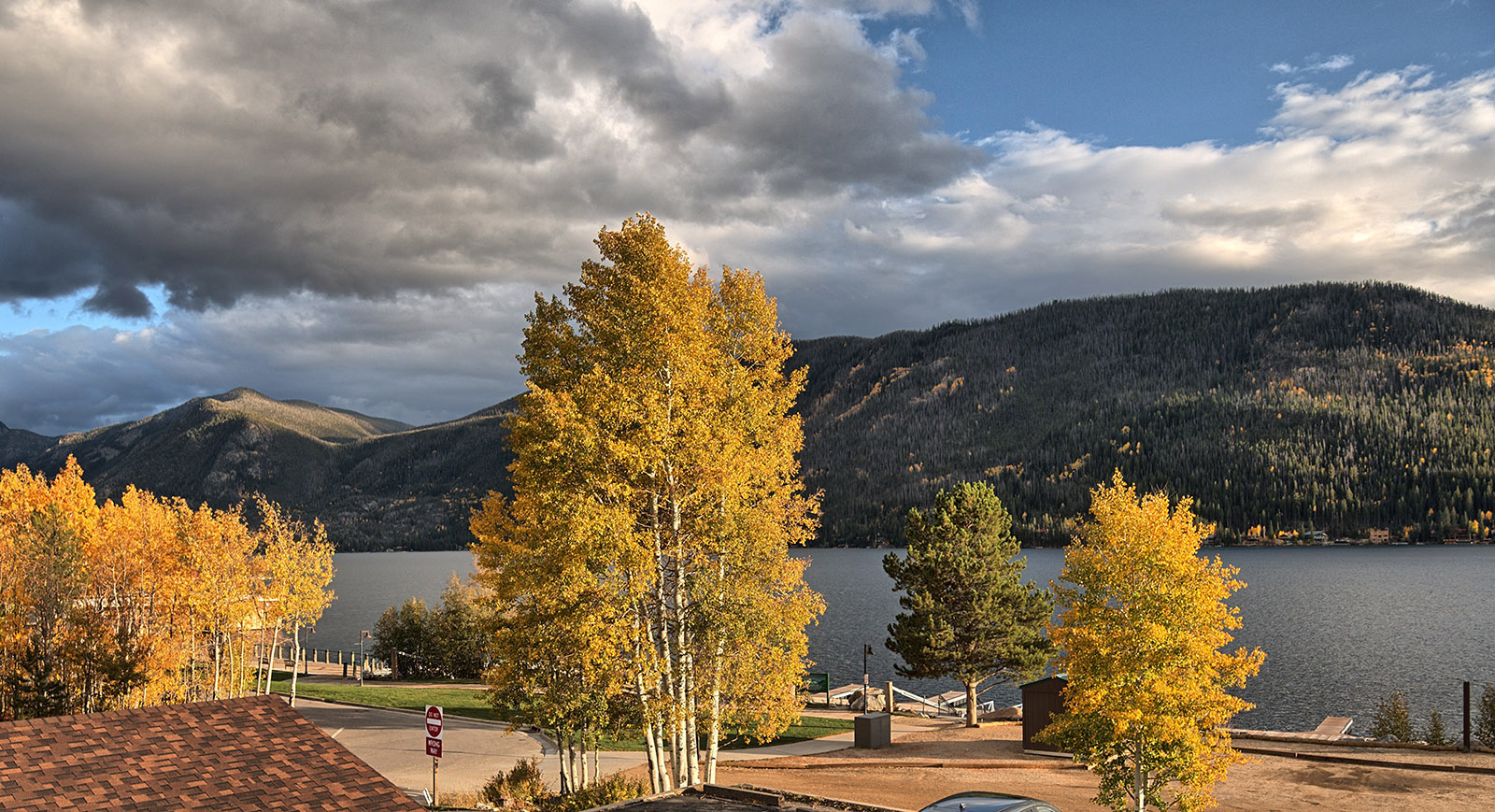 Motel view from Grand Lake.  Aspens near sunset.