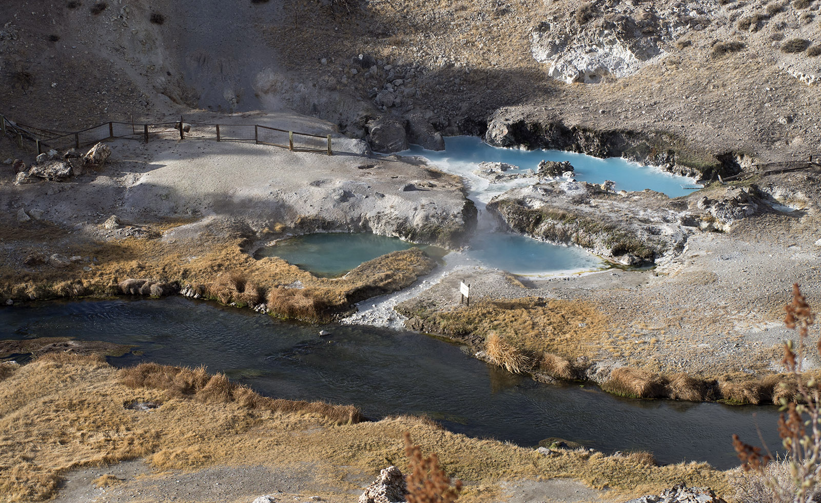 Hot Creek Geologic Site has hot springs, fumaroles derived from heat from the magma below fault lines in the resurgent dome area next to Crowley Lake.
