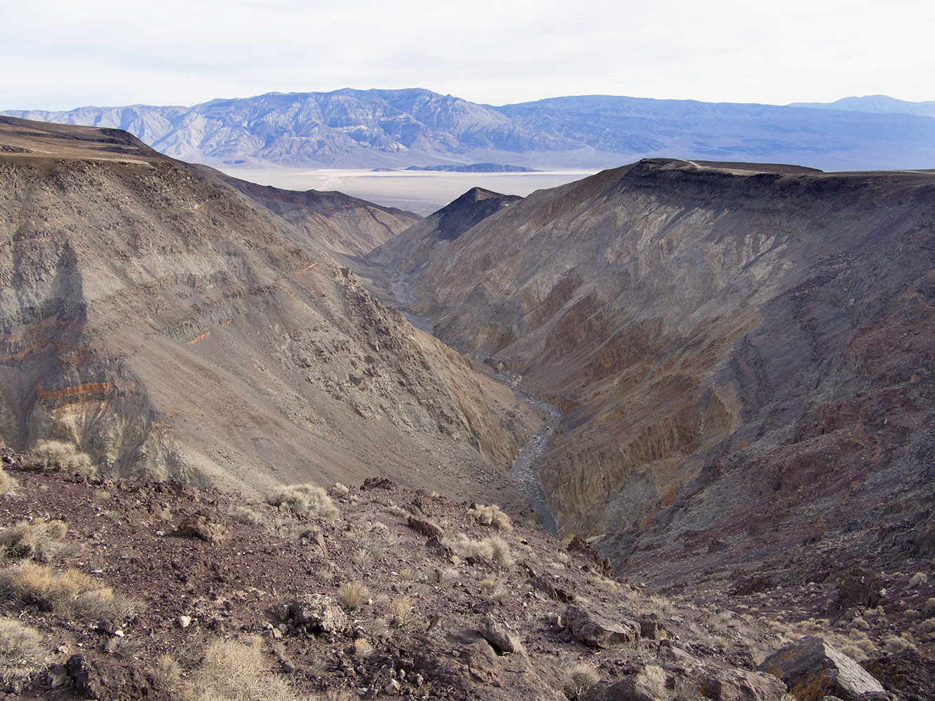 Rainbow Canyon at Father Crowley Vista Point.  Exposure of complex layers of basalt, limestone, marble and granite.