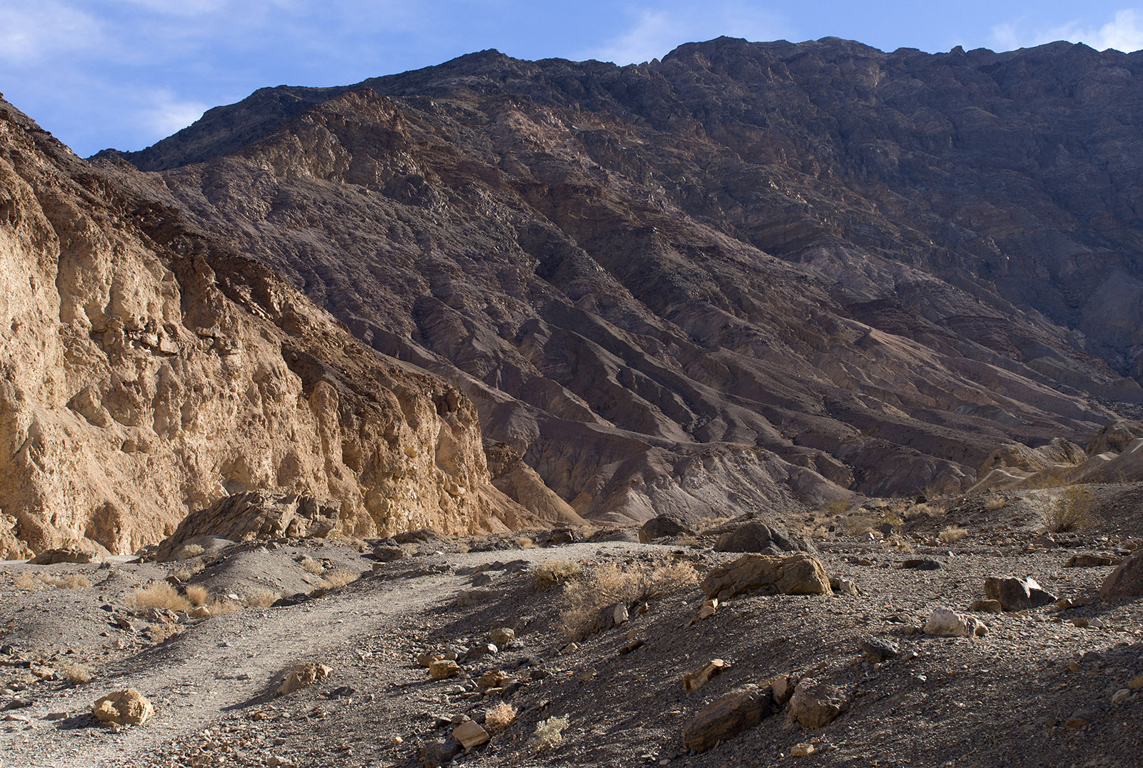 Mosaic Canyon – Widened portion with Mosaic Canyon Fault running through center of canyon floor.  To the left (East) are Johnnie formation strata rich in shale and Stirling quartzite.