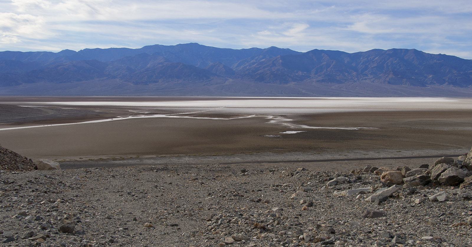 Badwater Basin:  I'm standing at the base of the Badwater turtleback and fault looking out over the Badwater Basin.  You can see groups of people walking out to the basin which is the lowest point in North America (282 ft. below sea level).  The Panamint Mountains and alluvial fan are in the distance.