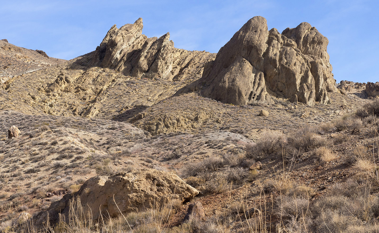 Tilted and weathered shale and sandstone of Titus Canyon Formation strata on the way to Red Pass.