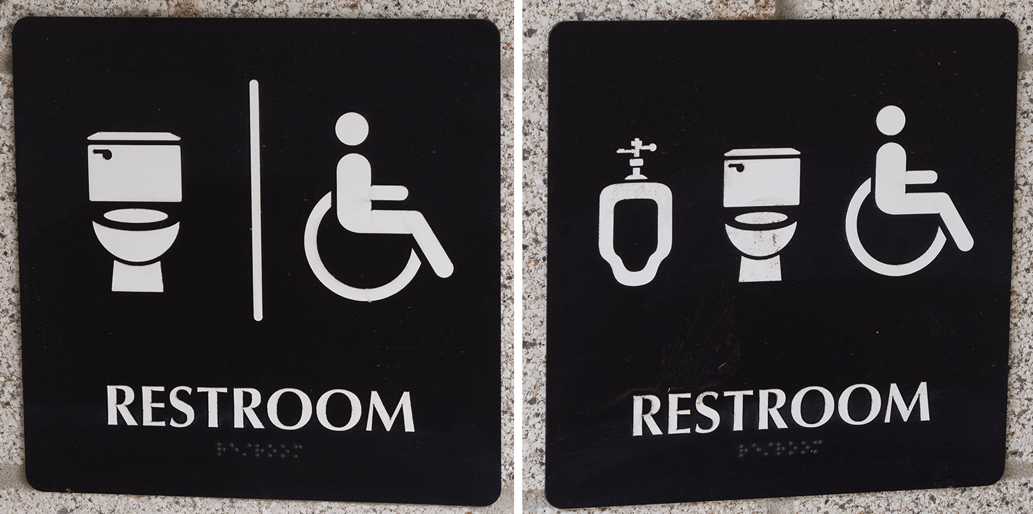 Restroom signage designates plumbing available in each of two rooms, rather than designation of sex or gender.  Ruffner Mountain Nature Center, Birmingham AL.   This is not your grandfather’s Alabama.