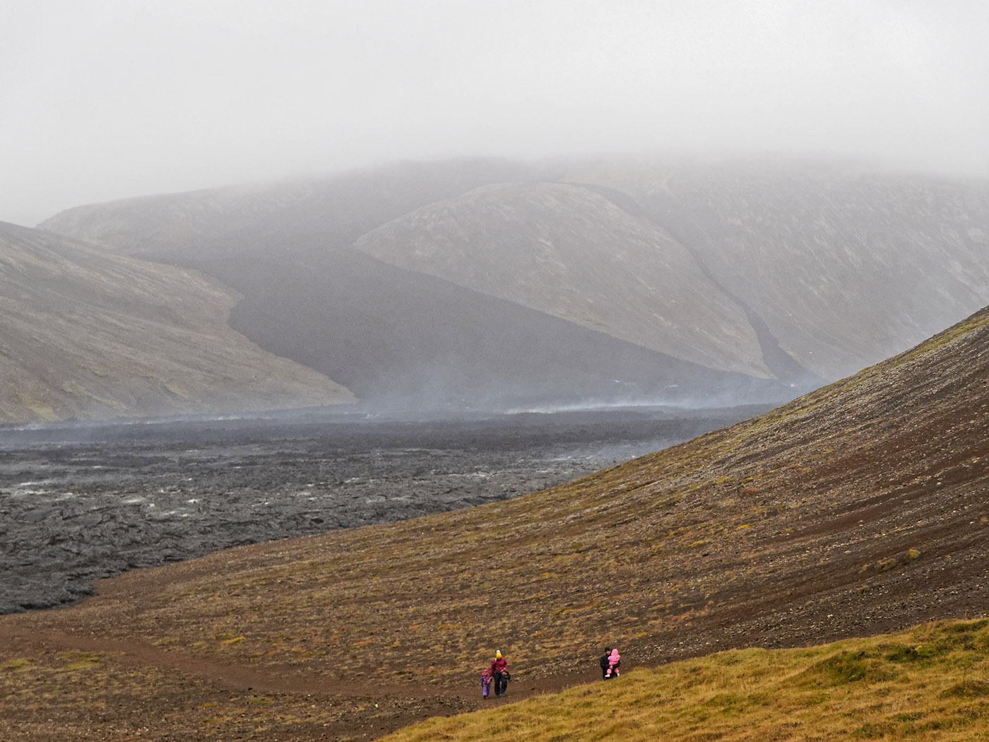 Fresh lava field emitting vapor in Meradalir valley from the Fagradalsfjall volcano which recently erupted from August 3 to 21, 2022. The site was off the main highway going from the Gunnuhver Hot Springs to the Selfoss area.