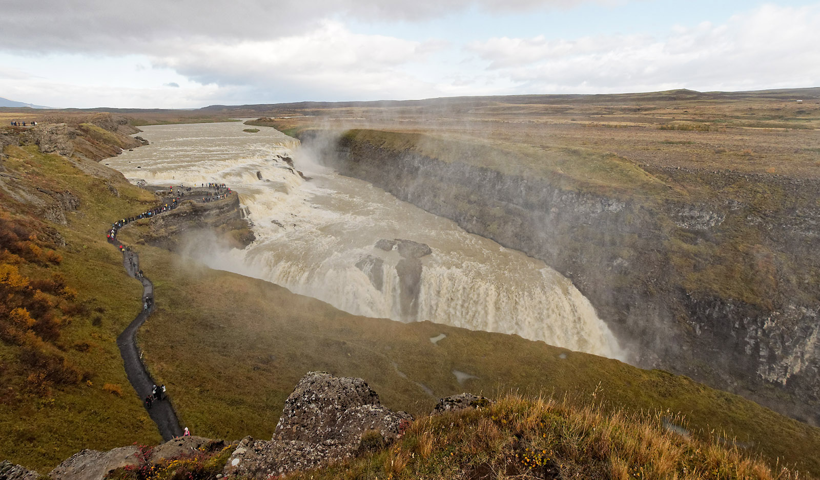 Gullfoss (Golden Falls) is a spectacular water fall where water flow undergoes two drops, the first is about 11m, and the second is about 21m. The direction of flow changes 4 times with direction of water flow changing at the end of each drop. The geologic explanation for the waterfall directions is the convergence of three faults and active seismic activity. One slip fault is located at the site of each water drop, and the main gorge/canyon follows a third normal fault.