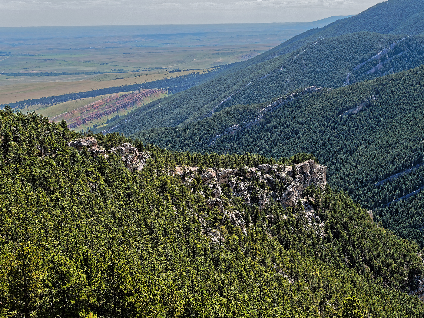 Viewpoint going up the eastern side of US Highway 14 over the Bighorn Mountains in Wyoming.  Tilted strata of sedimentary rock from the Paleozoic Era (570-245 million years ago, MA) are exposed.  Precambrian rock (granite and gneiss) in the Bighorn range bowed upward 60MA due to compression of the crust with sagging of the basins to the east and west.   The Paleozoic layers were eroded from top layers and persisted along the slopes.