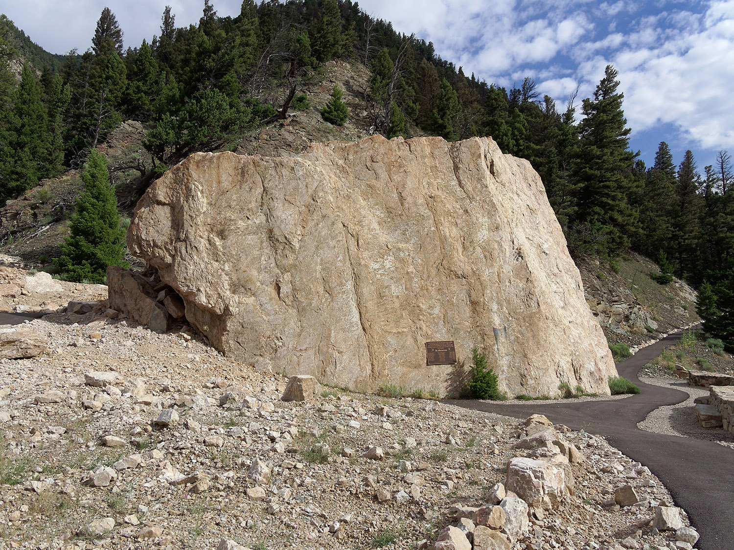 Dolomite boulder that broke loose from the other side of the valley with other metamorphic rock and rode the crest of the landslide to this side of the valley.