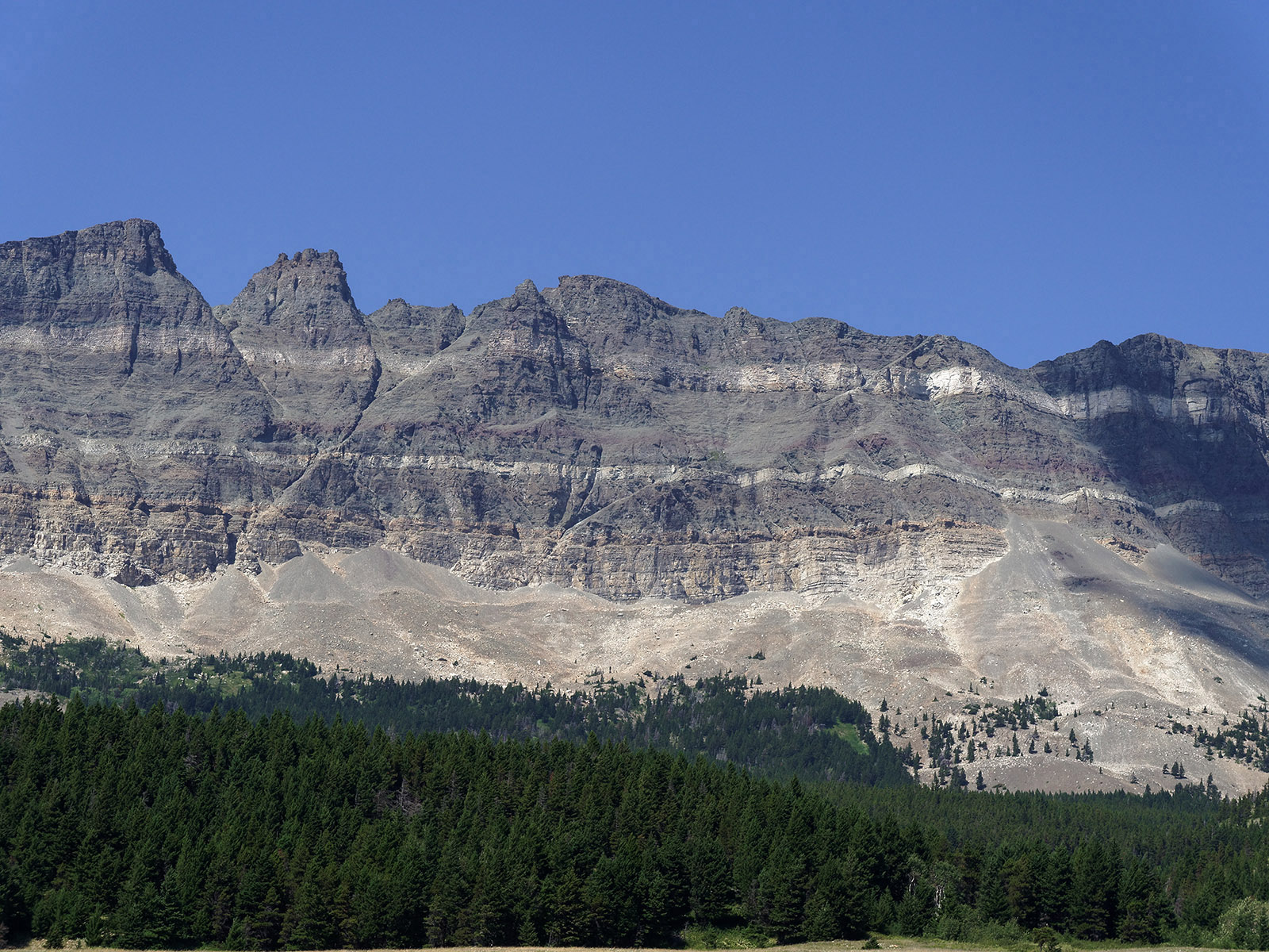 Detail of Appekunny and Altyn formations on Singleshot Mountain.  Appekunny contains siltite and argillite as well as white quartzite.  Altyn formation is mostly limestone and dolomite with sandy layers.